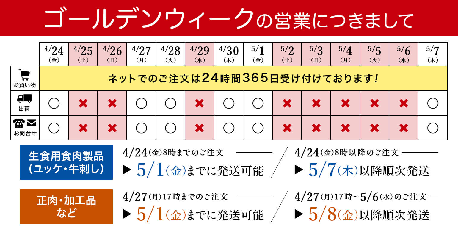業務用｜仕入れ｜卸｜プロ品質・プロ価格の牛肉・ユッケを1パックから｜ゴールデンウィークの営業につきまして